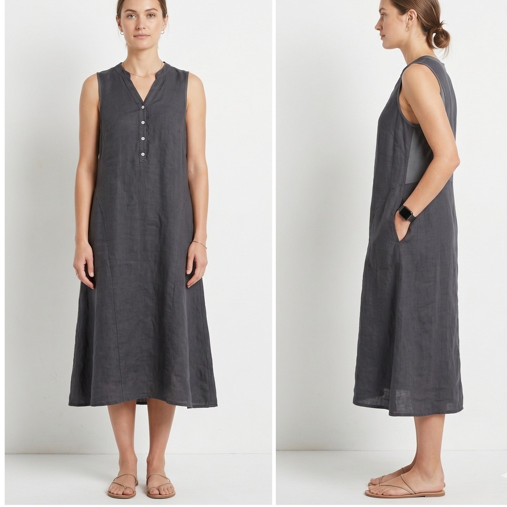 INIZIO Italy Linen Dress L Large Charcoal Grey Henley Sleeveless Lagenlook Boho